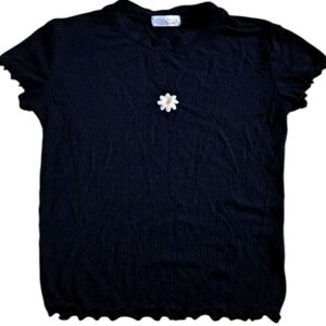 Haley & June Black Ribbed Short-sleeved Cropped Daisy Flower Size Small